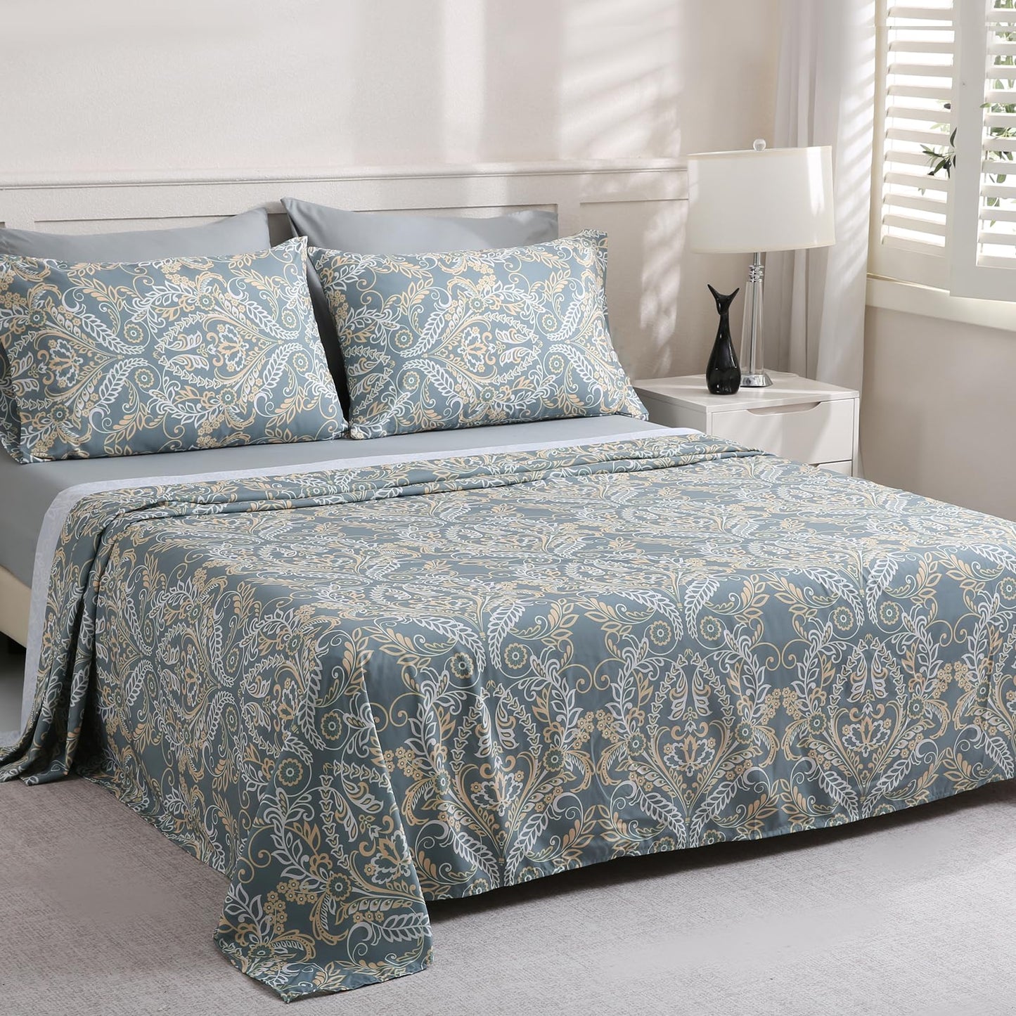 LONAVA Paisley King Size 6 Pcs Sheet Set, Breathable Microfiber Deep Pocket Grey Fitted Sheets, Comfy & Breathable Patterned Flat Sheets,4 Gentle Soft Pillowcases, Green Pasliey