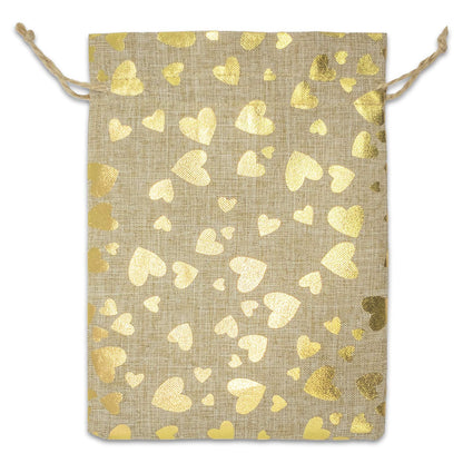12-Pack 6x8 Reusable Jute Burlap Canvas Gift Bags w. Drawstrings (Golden Hearts, Medium) - for Presents, Party Favors, Retail, Samples by TheDisplayGuys