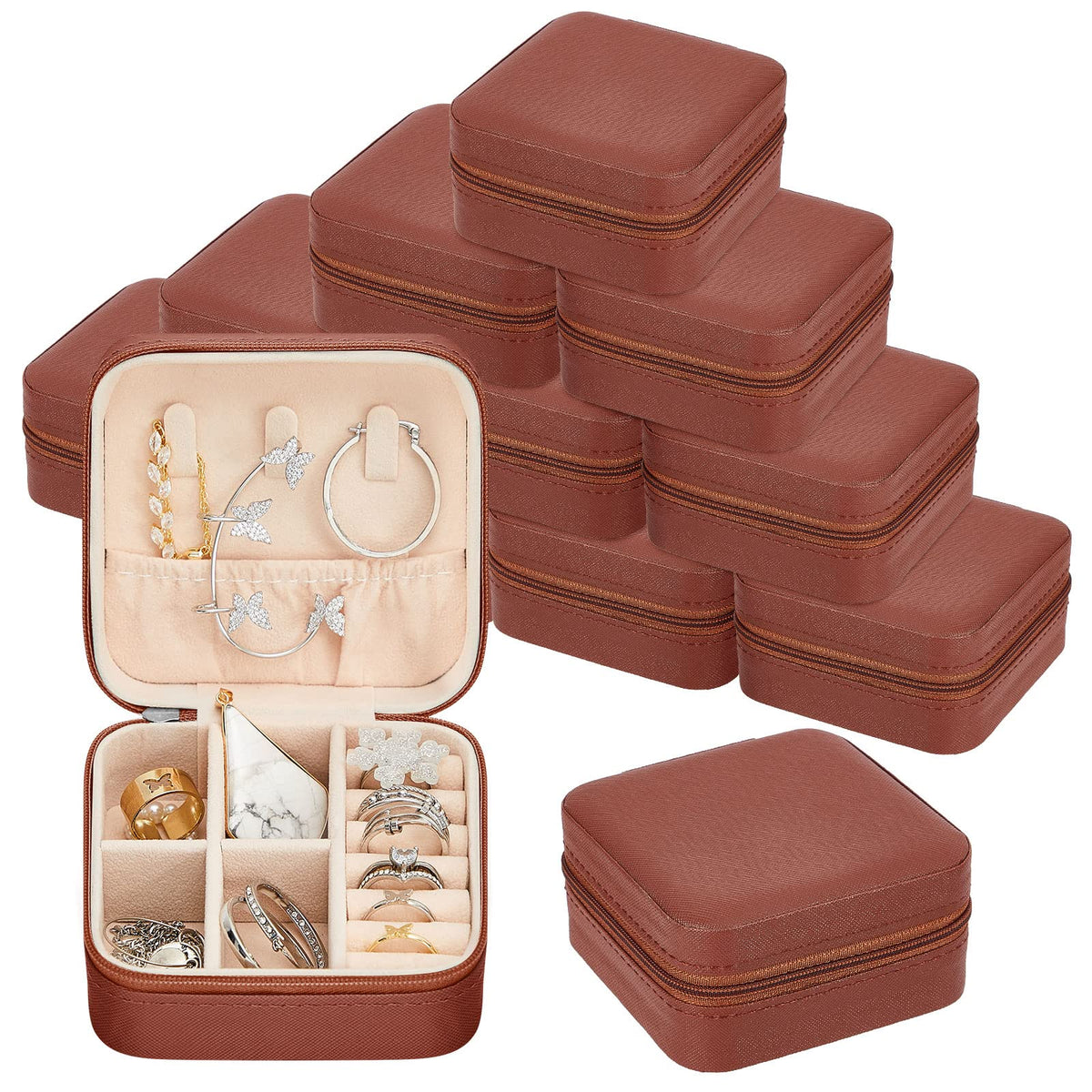 Taiyin 12 Pcs Travel Jewelry Case, Valentines Day Gifts for Her- Small Jewelry Organizer Box Bridesmaid Gifts for Women Girls (Brown)