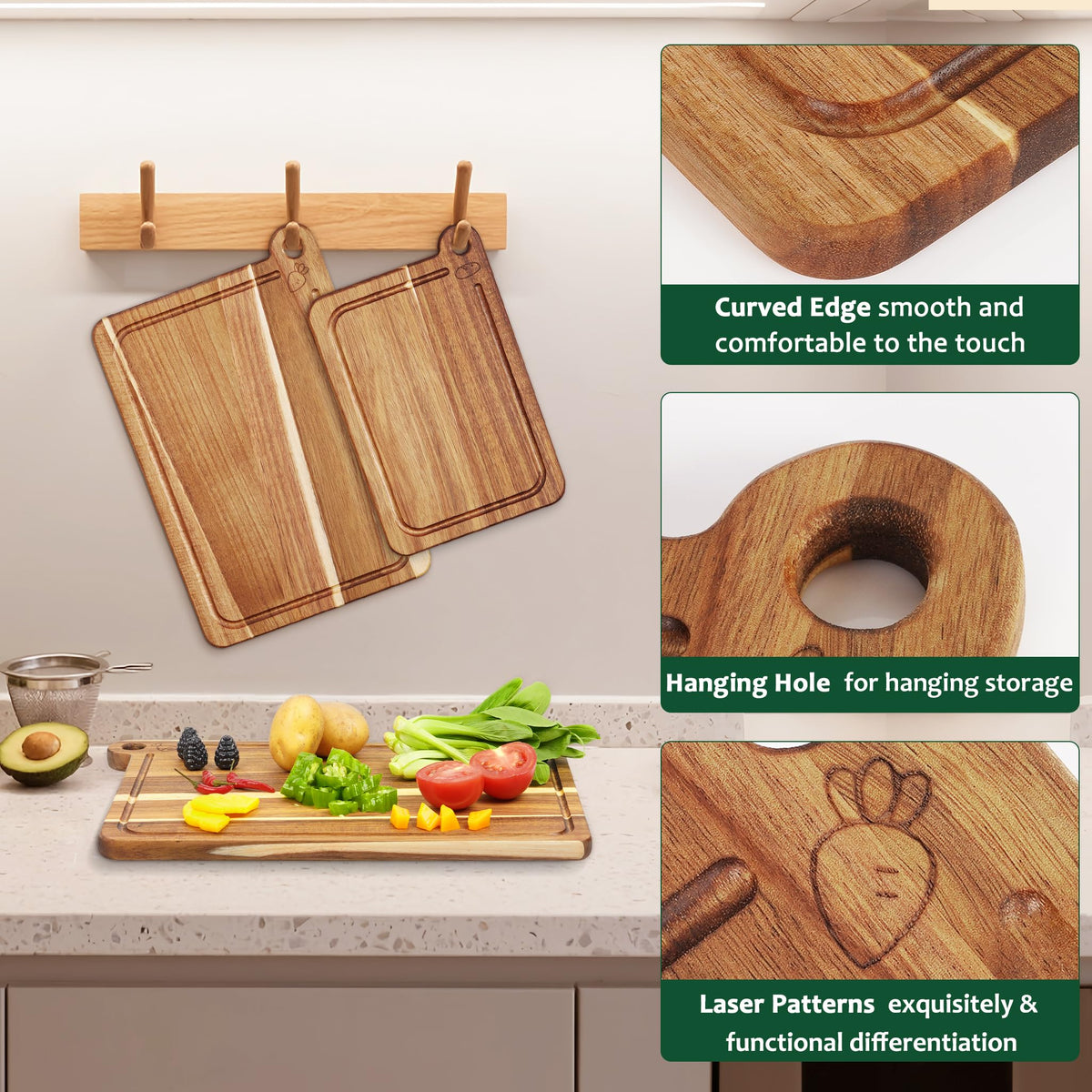 3 Pack Cutting Board Set, Acacia Wood Cutting Boards for Kitchen, Chopping Board with Deep Juice Grooves & Built-in Handle, Charcuterie & Chopping for Meat, Vegetables and Cheese