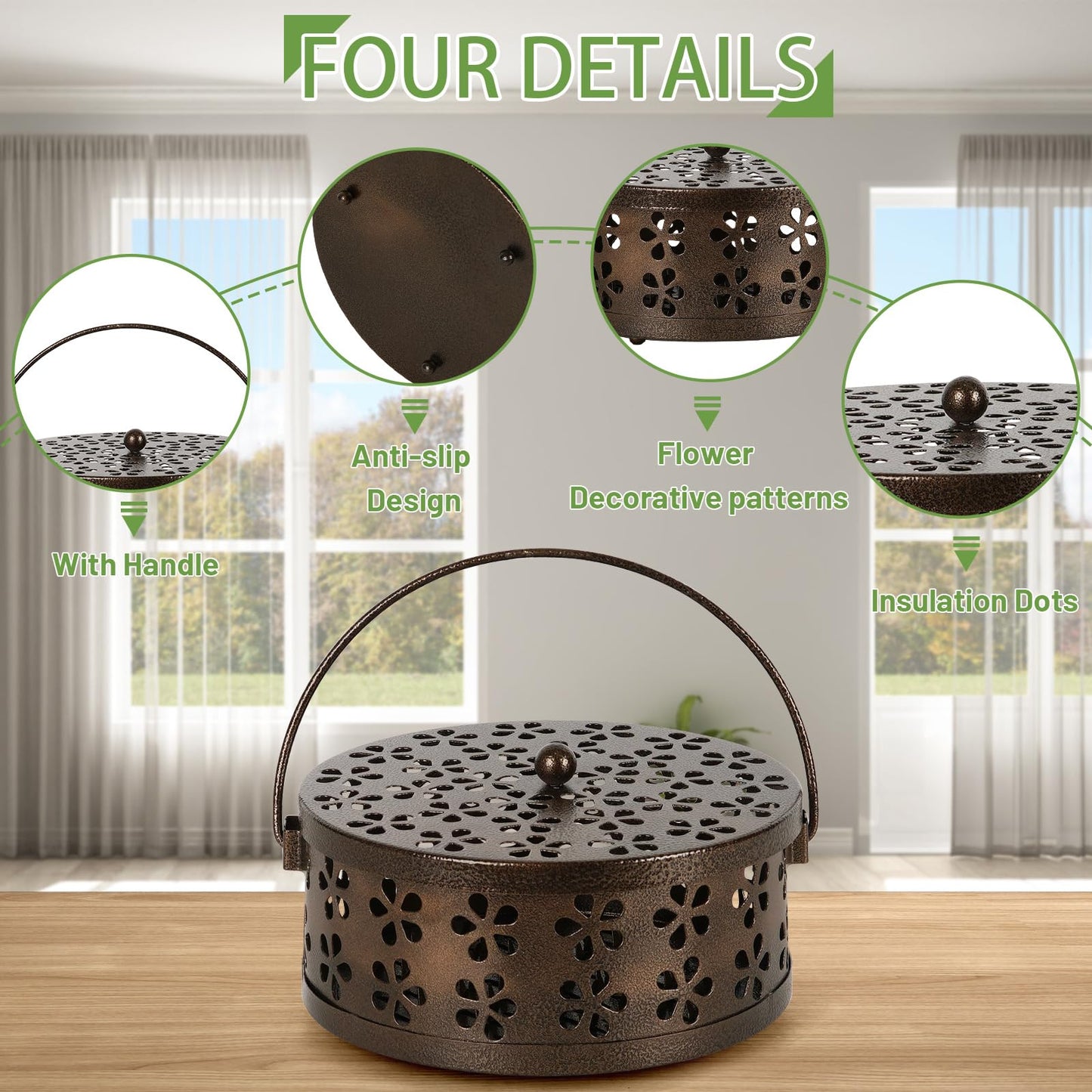 Whiidoom Portable Iron Mosquito Coil Holder with Handle Round Heat-Resistant Incense Holder (Bronze)