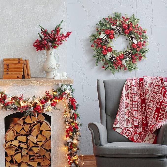 Super Holiday Artificial Christmas Wreath, Front Door Wreaths Decorations for Home, Party, Holiday, Thanksgiving, Xmas Decor - with Wreath Hanger, Green/Red