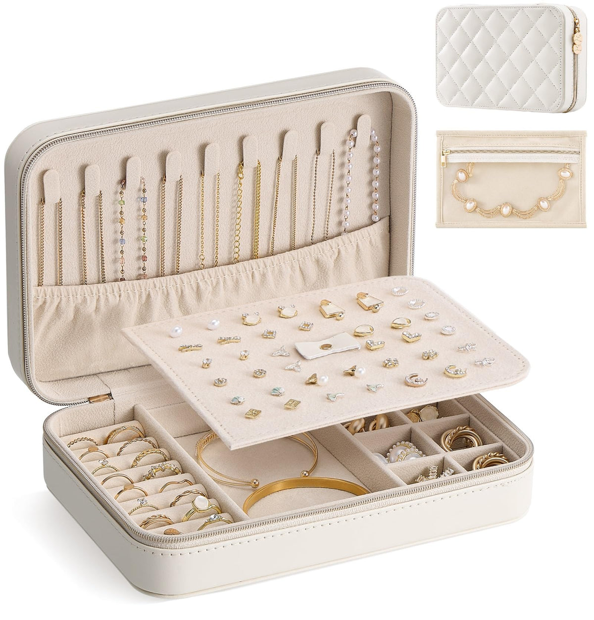 Lolalet Travel Jewelry Case for Women Girls, PU Leather Jewelry Organizer with Clear Storage Bag Small Portable Jewelry Box for Necklace Bracelet Earring Ring Mothers Day Birthday Gifts -Large/Beige