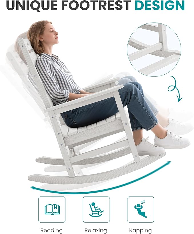 SERWALL HDPE Outdoor Rocking Chair, Oversized Rocking Chair with Footboard, High Back Porch Rocker Chair with 350lbs Support, White