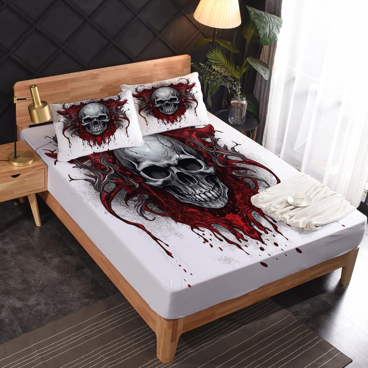 zcsm Skull Sheets King Size - Gothic Bed Sheets, Soft Microfiber & Deep Pocket & Wrinkle Free Patterned Bedding Sheets & Pillowcases, 4 Piece (1 Fitted Sheet, 1 Flat Sheet, 2 Pillow Cases)