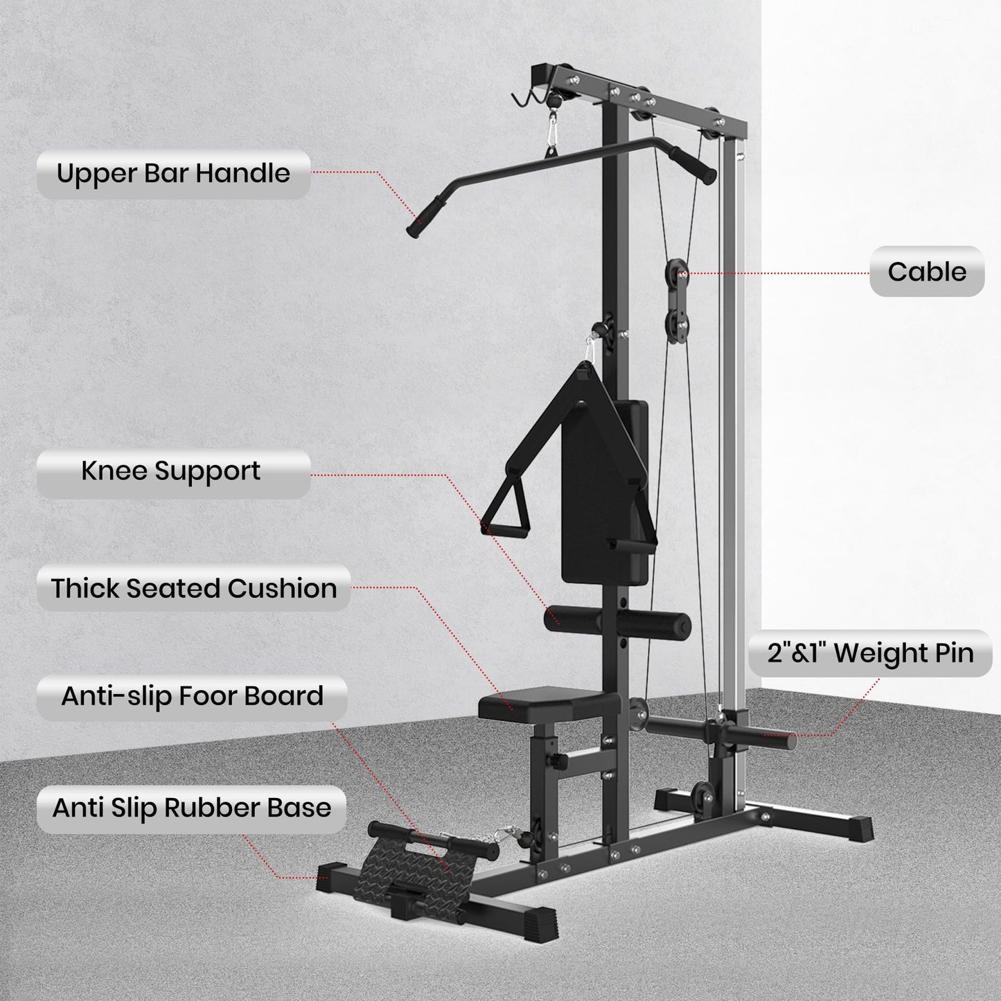 Patikuin LAT Pulldown & Row Machine - Dual Pulley Cable System for Home Gym - Adjustable Leg Support - 20 Height Levels - 400LB Capacity - Full Black