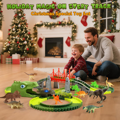 EagleStone Dinosaur Track Set for Kids – 225 PCS Flexible Race Tracks,1 Electric Dino Cars with Light, 8 Dino Figures, Dinosaur Head Tunnel,Christmas Birthday Gift for 3-8 Year Old Boys and Girls