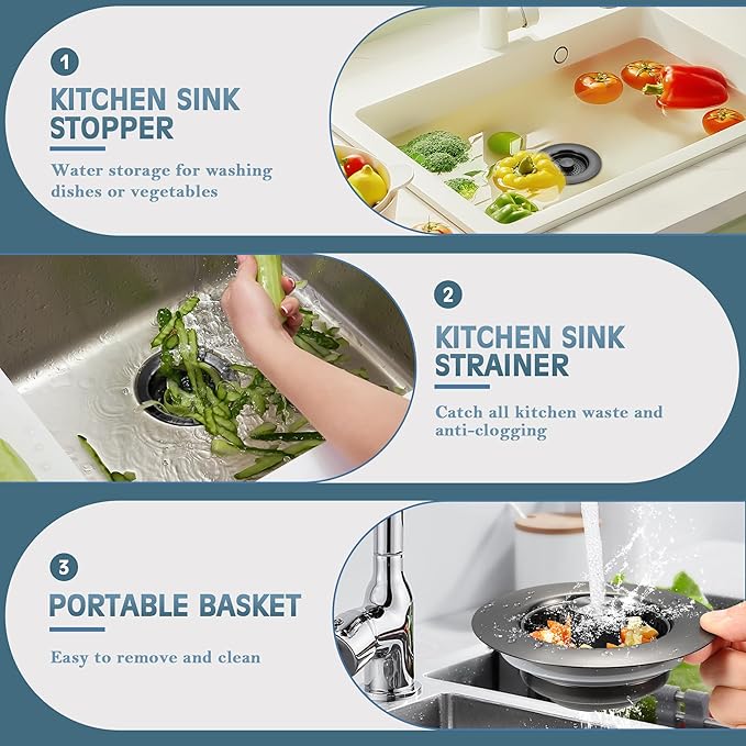 Kitchen Sink Drain Strainer 3 Pack, 304 Stainless Steel Pop Up Sink Stopper