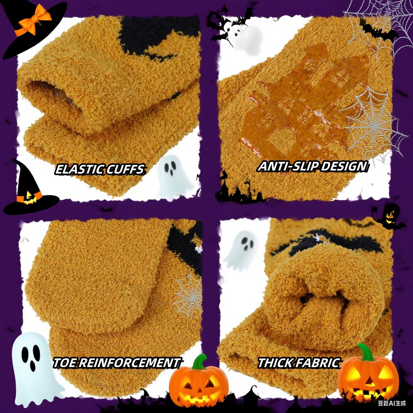 Zando Women's Fuzzy Halloween Socks - Soft, Warm, Non-Slip, Elastic, Cozy, Fluffy Socks With Ghost Print