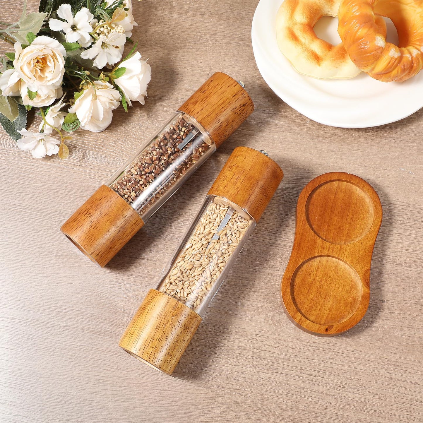 Wooden Salt and Pepper Grinder Set, 8 inch Manual Refillable Wooden Salt and Pepper Shakers Mill with Tray, Adjustable Coarseness, Solid Wood with Ceramic Stainless Steel Core, Transparent - 2 Packs