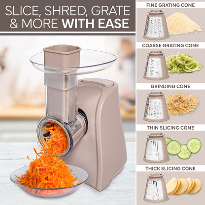 COOK WITH COLOR 5-in-1 Electric Slicer, 150W Food Prep Machine – Cheese Shredder, Fine & Coarse Graters, Potato Grater, Vegetable Slicer, Fruit, Salad Shooter, Compact Design For Bowl Prep, Blush