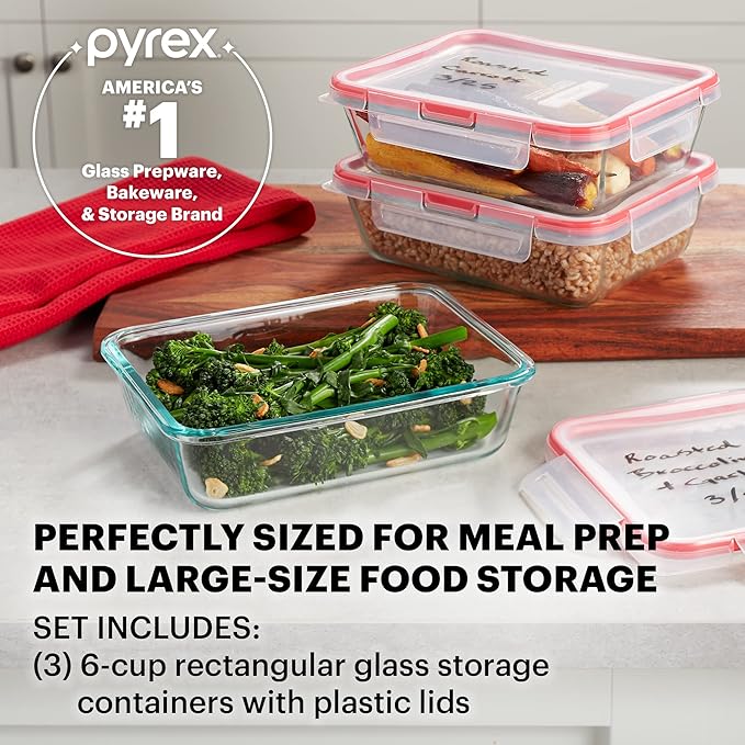Pyrex Freshlock Glass Food Storage Containers Set, Airtight & Leakproof Plastic