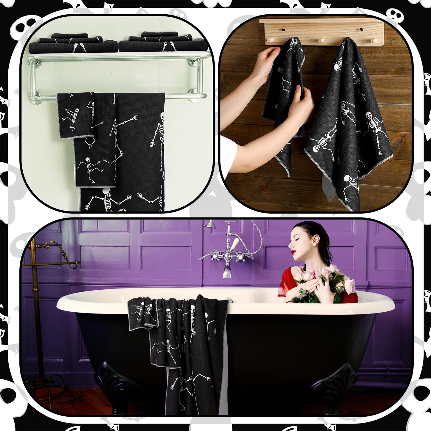 Preboun 3 Pack Halloween Skull Bathroom Towels Set Halloween Hand Towels for Bathroom Skeleton Bath Towels Dancing Skeleton Body Dish Towels Absorbent Fingertip Towel for Kitchen Hotel Beach Gym Spa