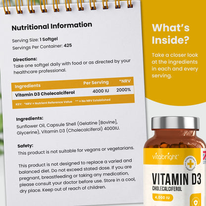 Vitamin D3 4000 IU Daily | 425 Softgels - 14 Month Supply | High Strength Vitamin D Tablets | Sugar-Free Softgels, NOT VIT D Gummies | VitaBright VIT D3 Supplements for Women & Men