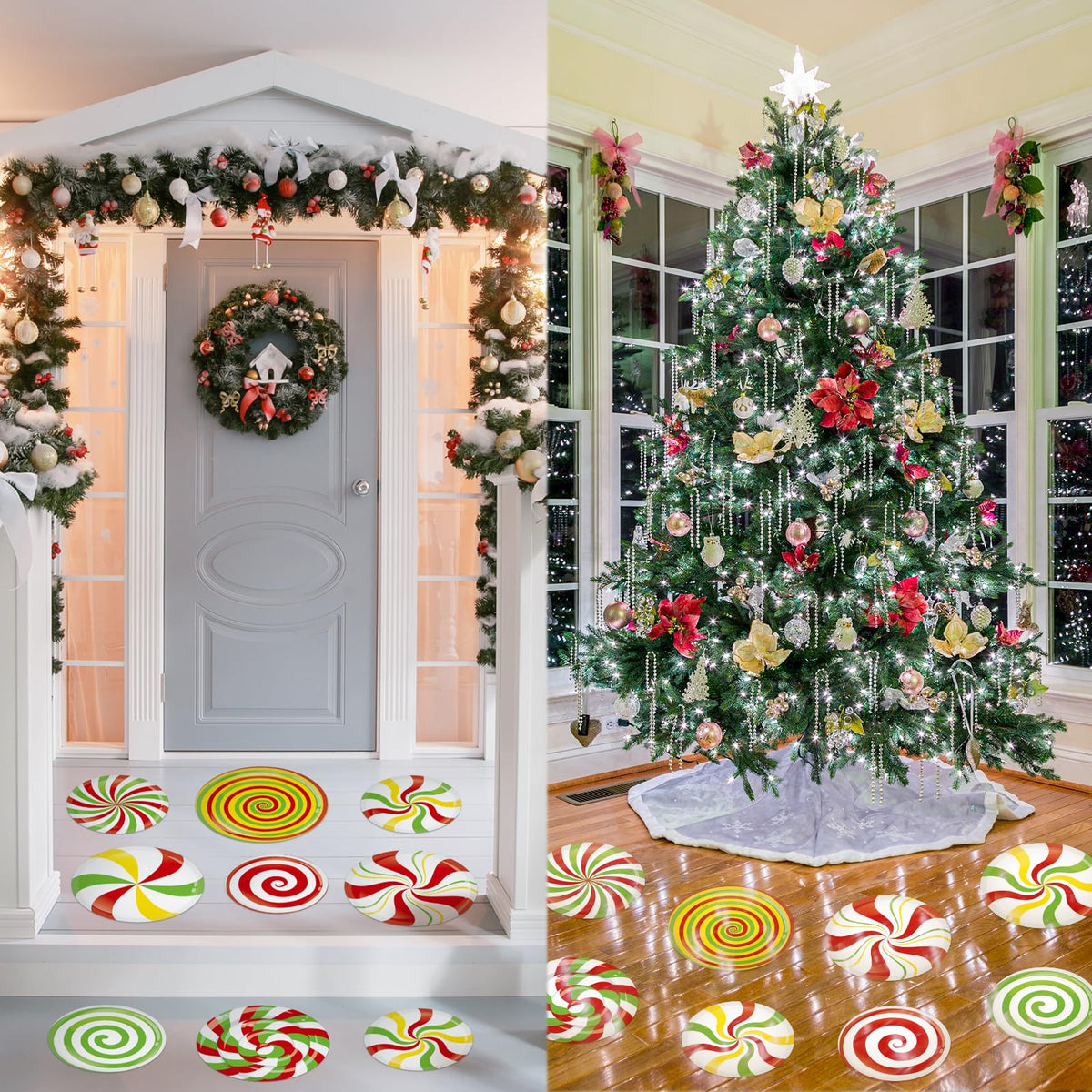 YooNotee 16 Pcs Large Peppermint Christmas Floor Decals Removable Pastel Candy Christmas Floor Stickers Xmas Wall Decals for Home Counters Party Decorations(Red, Green, Yellow,Classic)