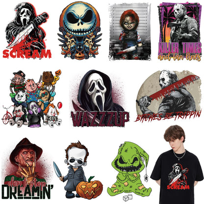 SUMELAY 10 Sheets Halloween Iron on Patches, Heat Transfer Vinyl, Iron on Decals, Horror Movie Characters Sticker for T-Shirt Clothes Bag Pillow Covers DIY Decorations