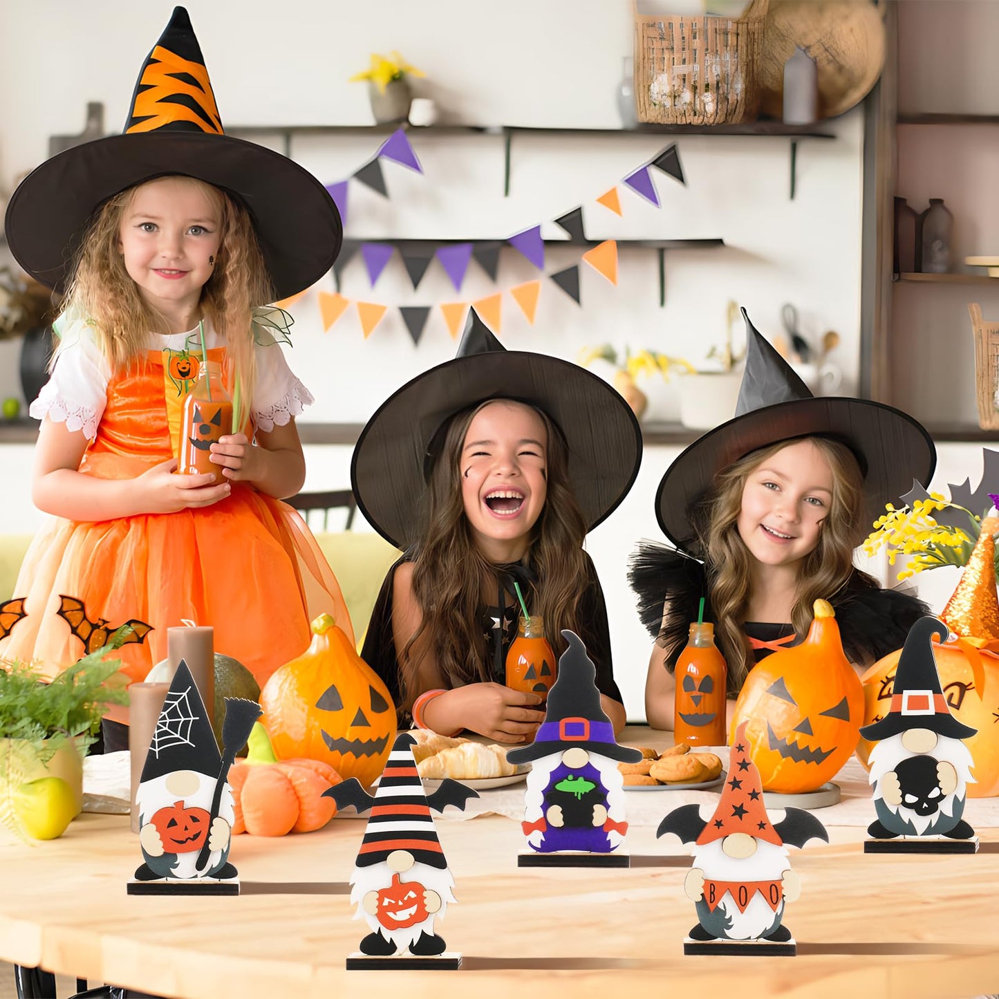 SY Super Bang 5pcs Halloween Wooden Decorations, Halloween Tabletop Centerpiece Gnome Decoration, for Home Indoor Holiday Party Decor Supplies.