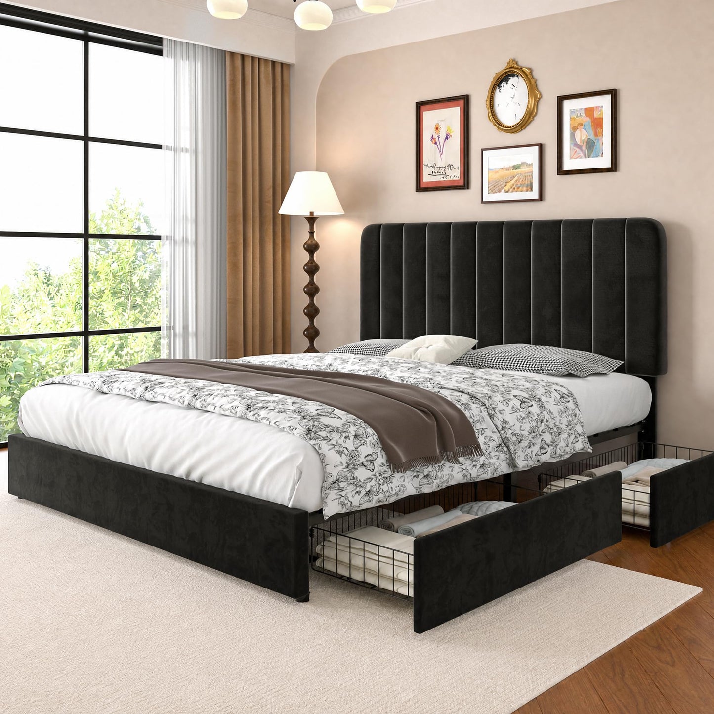 VECELO Full Size Upholstered Bed Frame with 4 Drawers and Headboard, Velvet Platform Storage Bedframe, Wooden Slats Support, No Box Spring Needed,Black