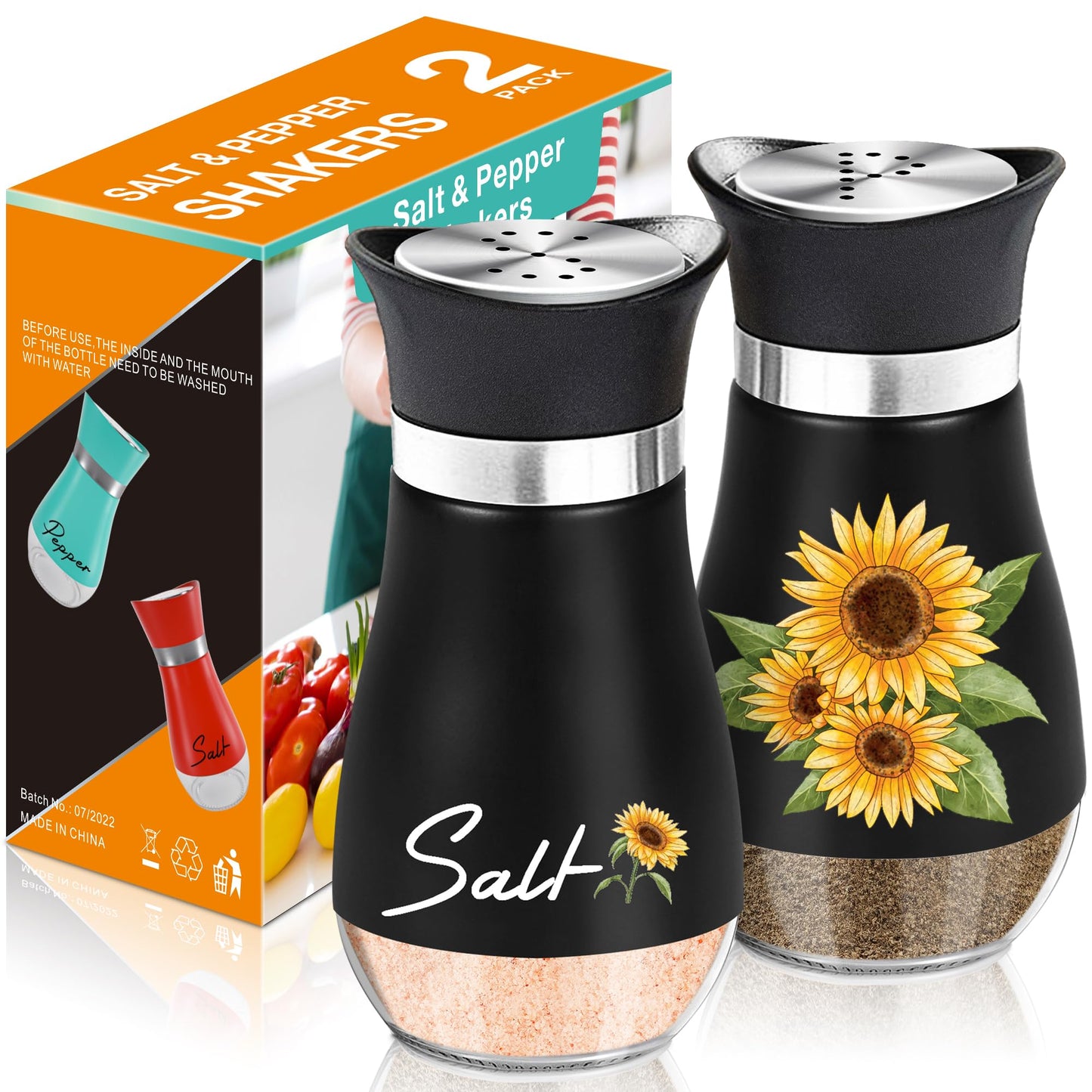 Black Sunflower Salt and Pepper Shakers Set - 4oz Farmhouse Kitchen Gadget and Accessories Sunflower Gifts for Decor Cooking Table,Housewarming,Thanksgiving,Christmas