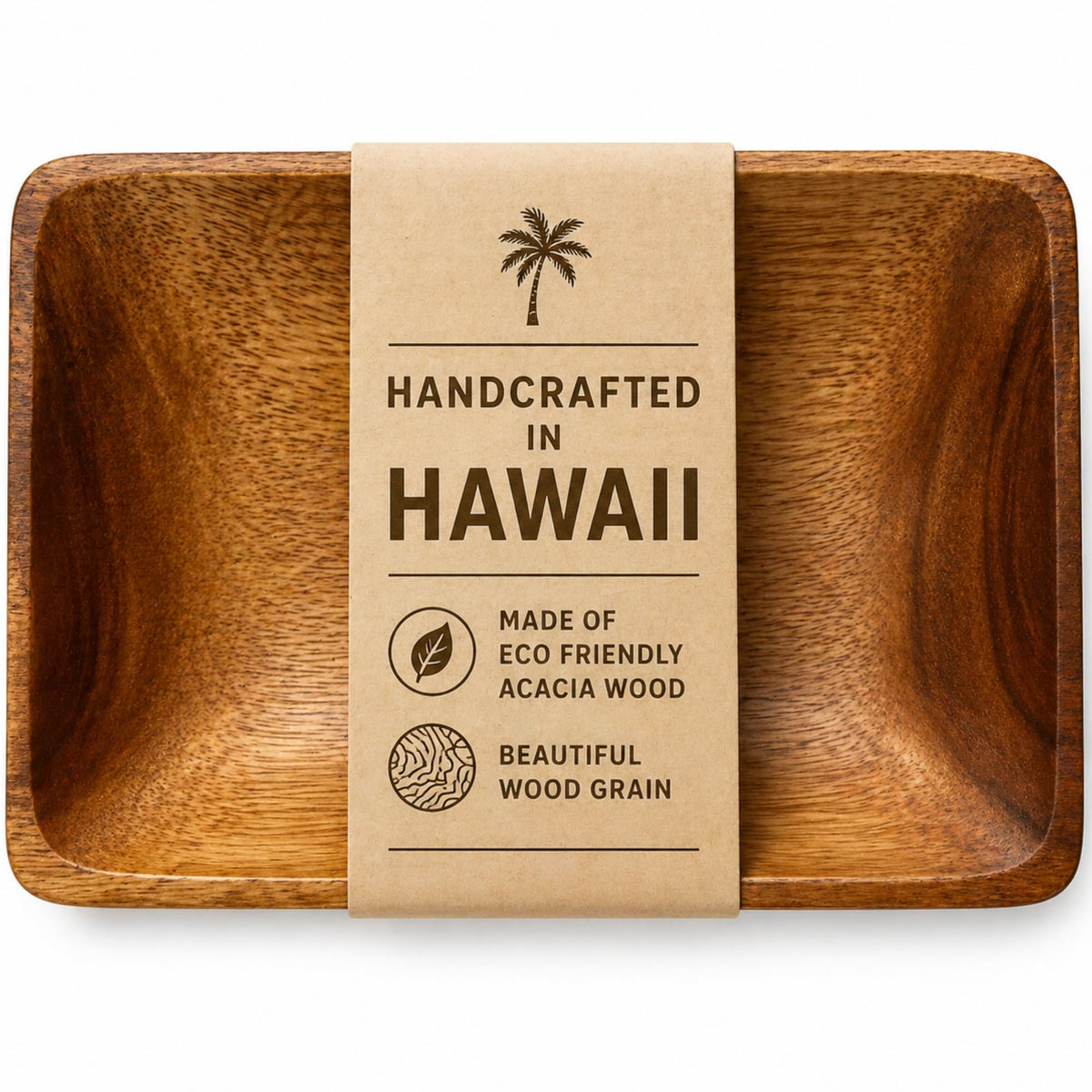 Handcrafted Acacia Wood Rectangular Bowl – Made in Hawaii – Eco-Friendly Wooden Serving Dish – Durable, Food-Safe, Heat-Resistant – Flared Design – Multiple Sizes (8x5x1.5 inch)
