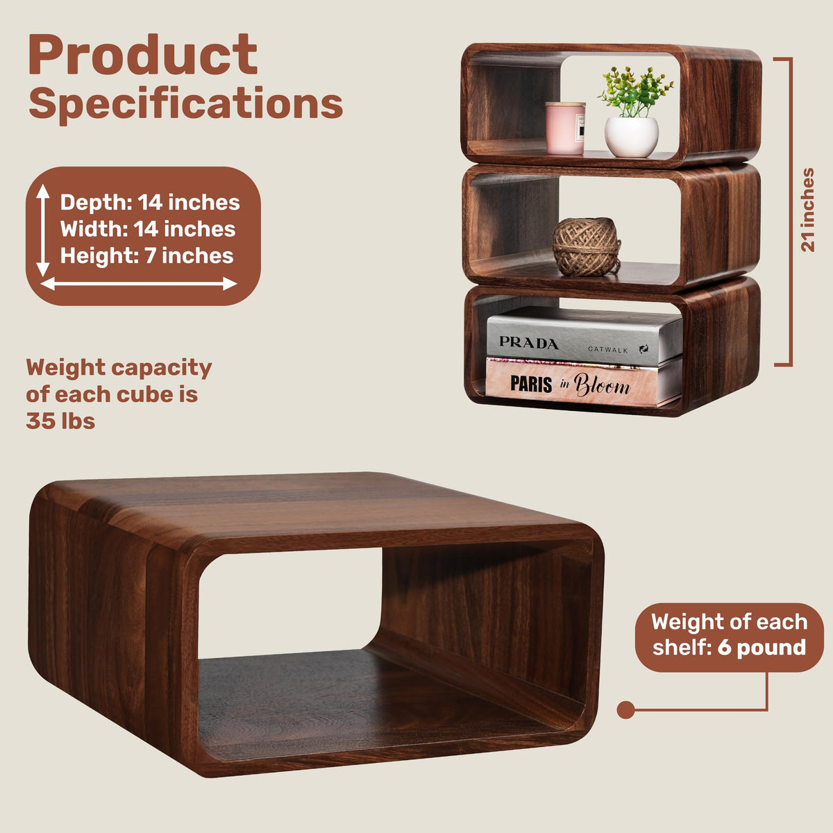 Contempa Wooden Cube Storage Book Shelf Organizer, Bookcase for Bedroom, Livingroom, Dormroom, Home Office, Studyroom, Home Decor and Contemporary Spaces (Walnut | Pack of 1)