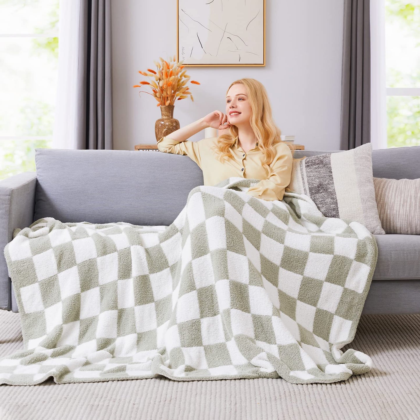 WRENSONGE Checkered Throw Blanket, Sage Green Soft Cozy Fluffy Hand Made Throw Blankets for Couch, Sofa, Chair, Bed, Camping, Picnic, Travel Lightweight Bed Blankets for Women Mothers Birthday Gifts