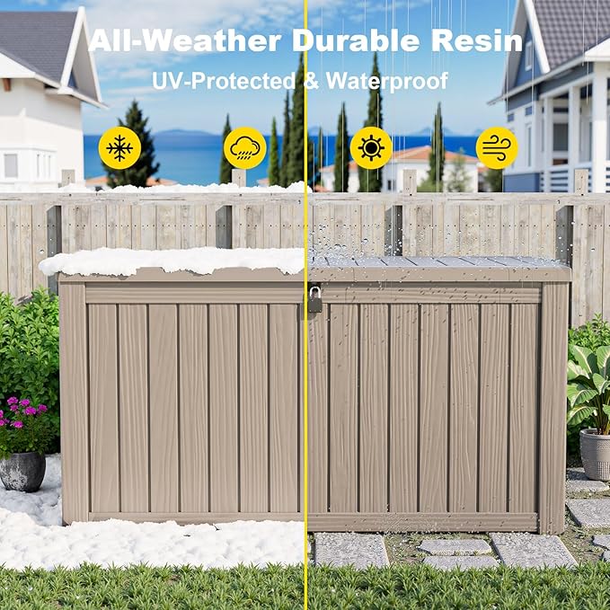 ROJIK Outdoor Storage Housing Deck Box - Waterproof Patio Furniture, Garden Tools, Cushions, Pool Accessories Storage Bench with Lockable Lid and Side Handles (Grey 158 Gal)