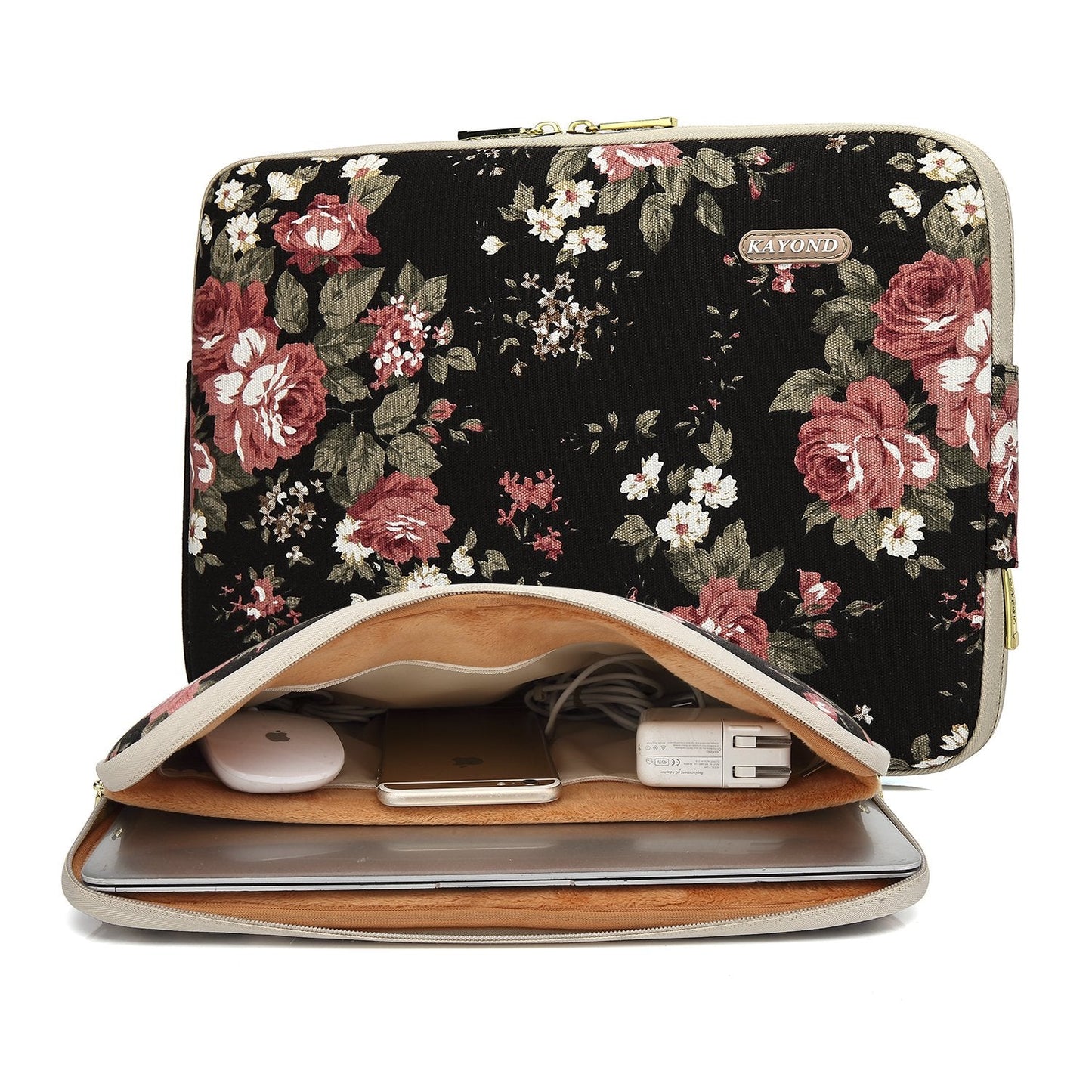 KAYOND Black Chinese Rose Pattern Water-resistant 14 inch Canvas laptop sleeve for 14-14.1 inch HP/Dell/Lenovo/Asus/Acer/Samsung Notebook Computer (14-14.1 Inch, Black C Rose)