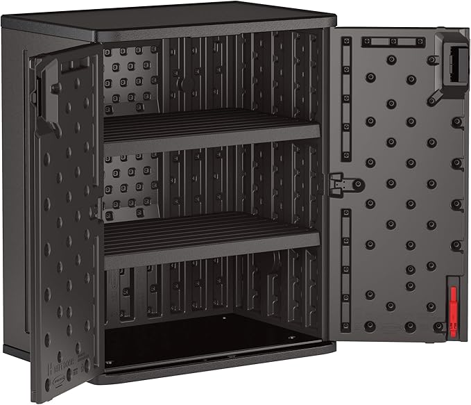 Suncast Heavy-Duty Resin Outdoor Storage Cabinet, 30" W x 20.25" D x 36" H Dark Grey Base Garage Storage Cabinet with Lockable Doors and Metal Reinforced Shelves, Made in The USA