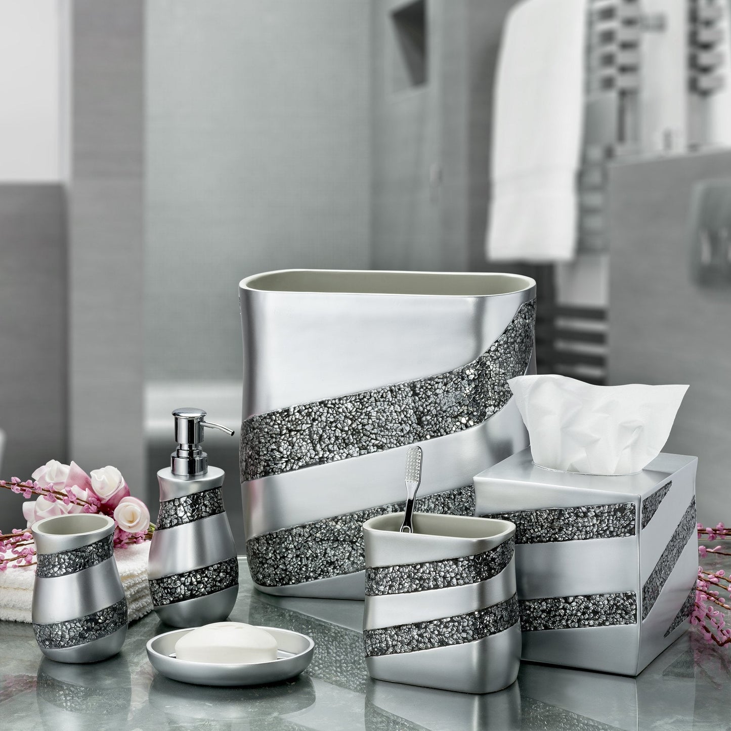 Creative Scents Silver Mosaic Soap Dish - Bathroom Bar Soap Holder - Decorative Dry soap Bar Holder for Shower, Vanity Sink, Bathtub - Durable Resin Designed bar Soap Dish (Silver - Gray)