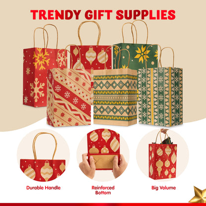 JOYIN 24 PCS Christmas Kraft Bags Holiday Paper Goody Gift Bags with Handles for Xmas Gifts Wrapping Party, Giant Gifts Decorations, Classrooms and Party Favors (Red+Green, 8.27" x 5.91" x 3.15")