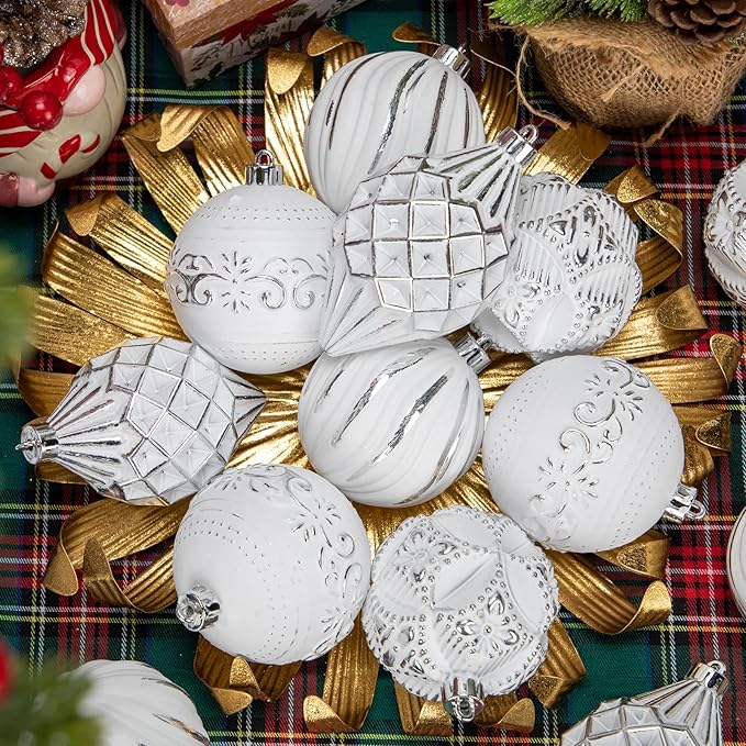 16PCS Shatterproof Christmas Ball Ornaments Set, Hand-Painted Holiday Decor with Assorted Sizes & Designs for Christmas Tree Thanksgiving Party Decoration, Silver-White