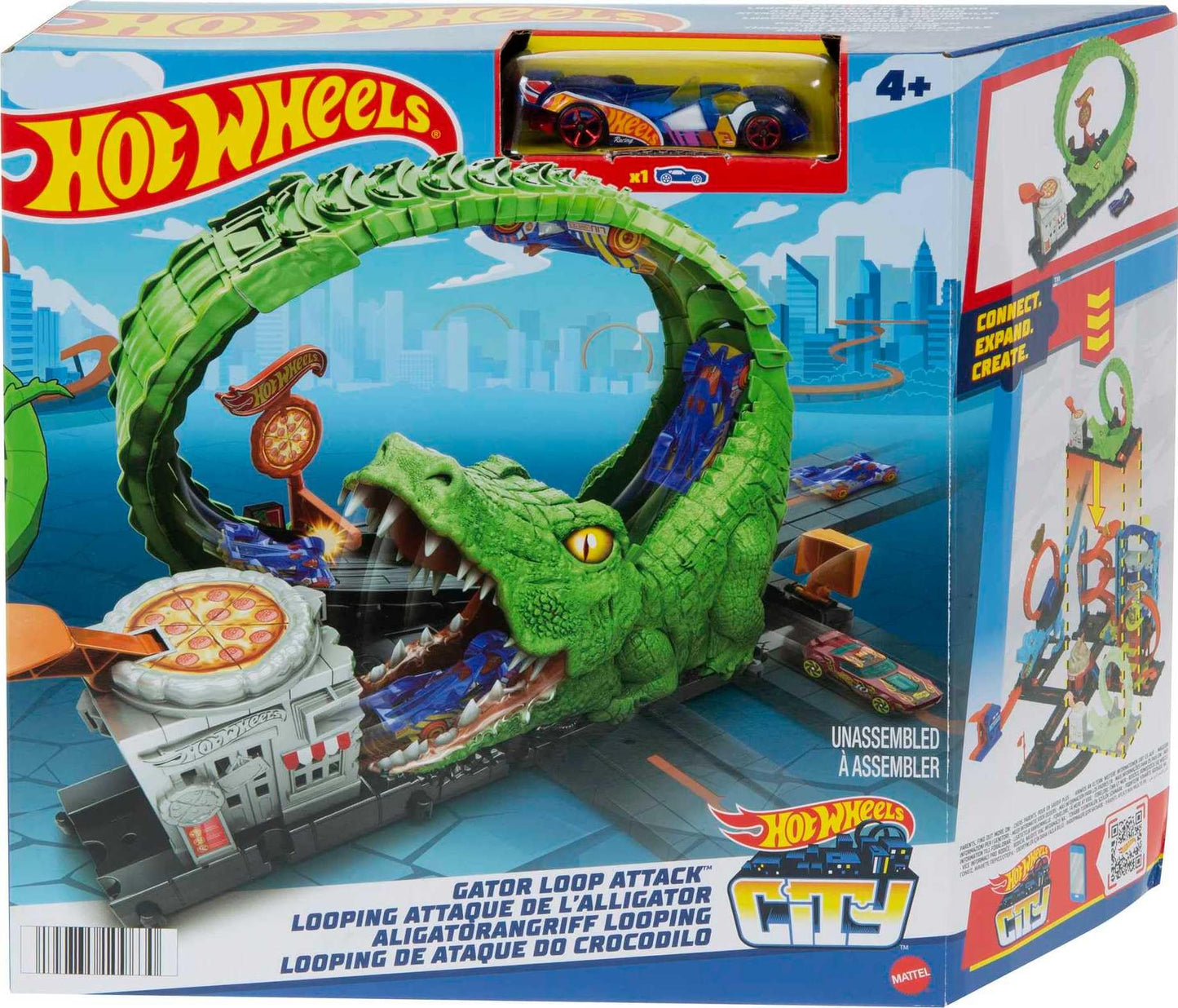 Hot Wheels Track Set with 1 Hot Wheels Car, Adjustable Track that Connects to Other Sets, Gator Loop Pizza Place Playset, HKX39