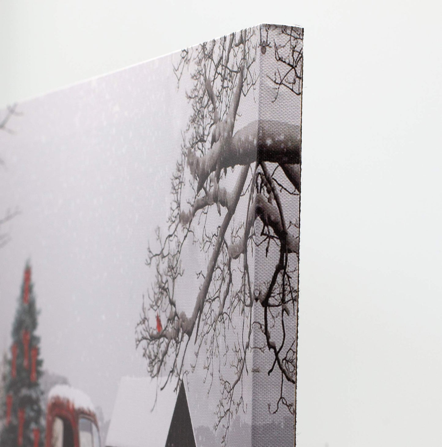 BANBERRY DESIGNS LED Wall Art - Lighted Red Truck Canvas Print - Picture with Christmas Tree and Vintage Lighted Red Pick-Up Truck Winter Scene - Barn and Farmstead Setting - Measures 15.75" x 11.75"