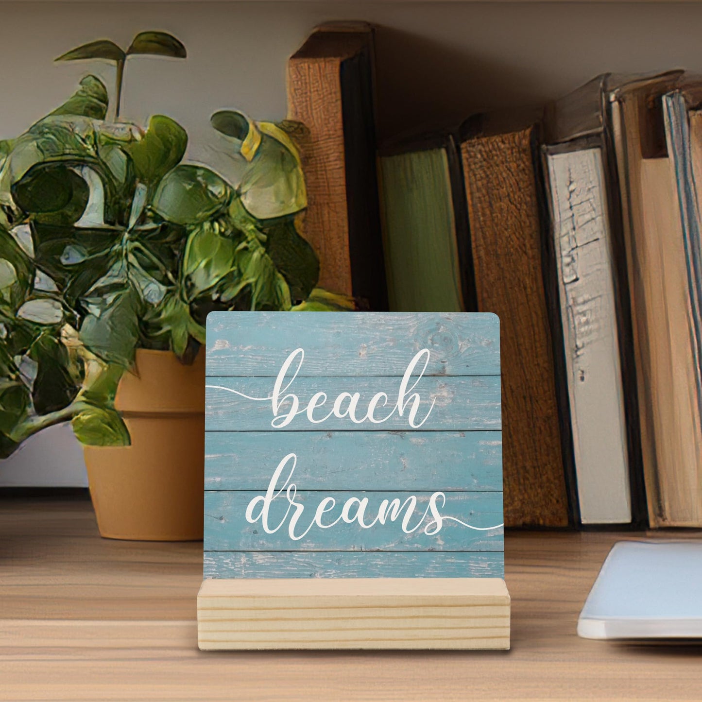 Mfyossrll Beach Desk Decor, Beach Dreams Decorative Signs & Plaques, Blue Coastal Ocean Nautical Beachy Desk Sign with Wooden Stand for Home Bedroom Office Shelf Table Decor