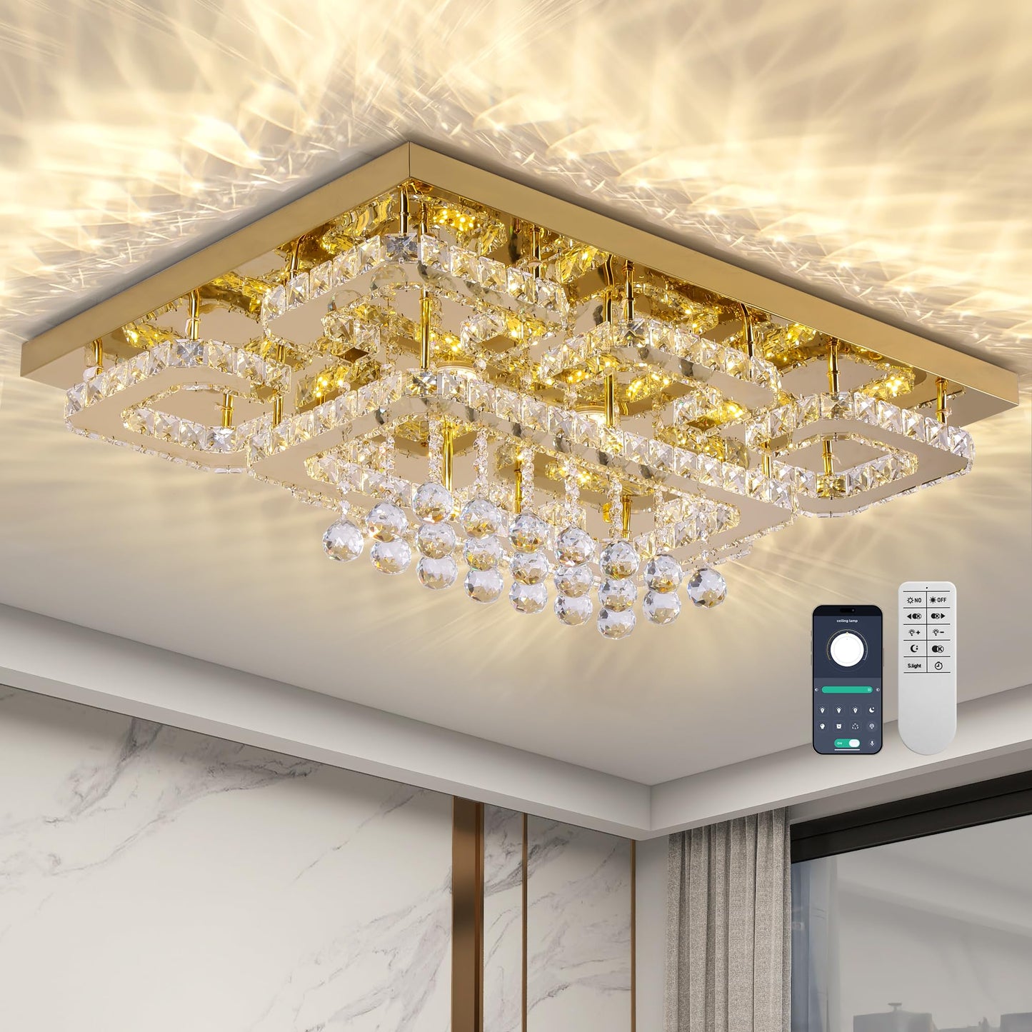 KINGTORO 32" Gold Crystal Flush Mount Chandelier with Remote/App Control, Modern LED Ceiling Light with 3CCT Dimmable, Elegant Chandeliers for Bedroom Living Room Dinning Room Hallway Kitchen