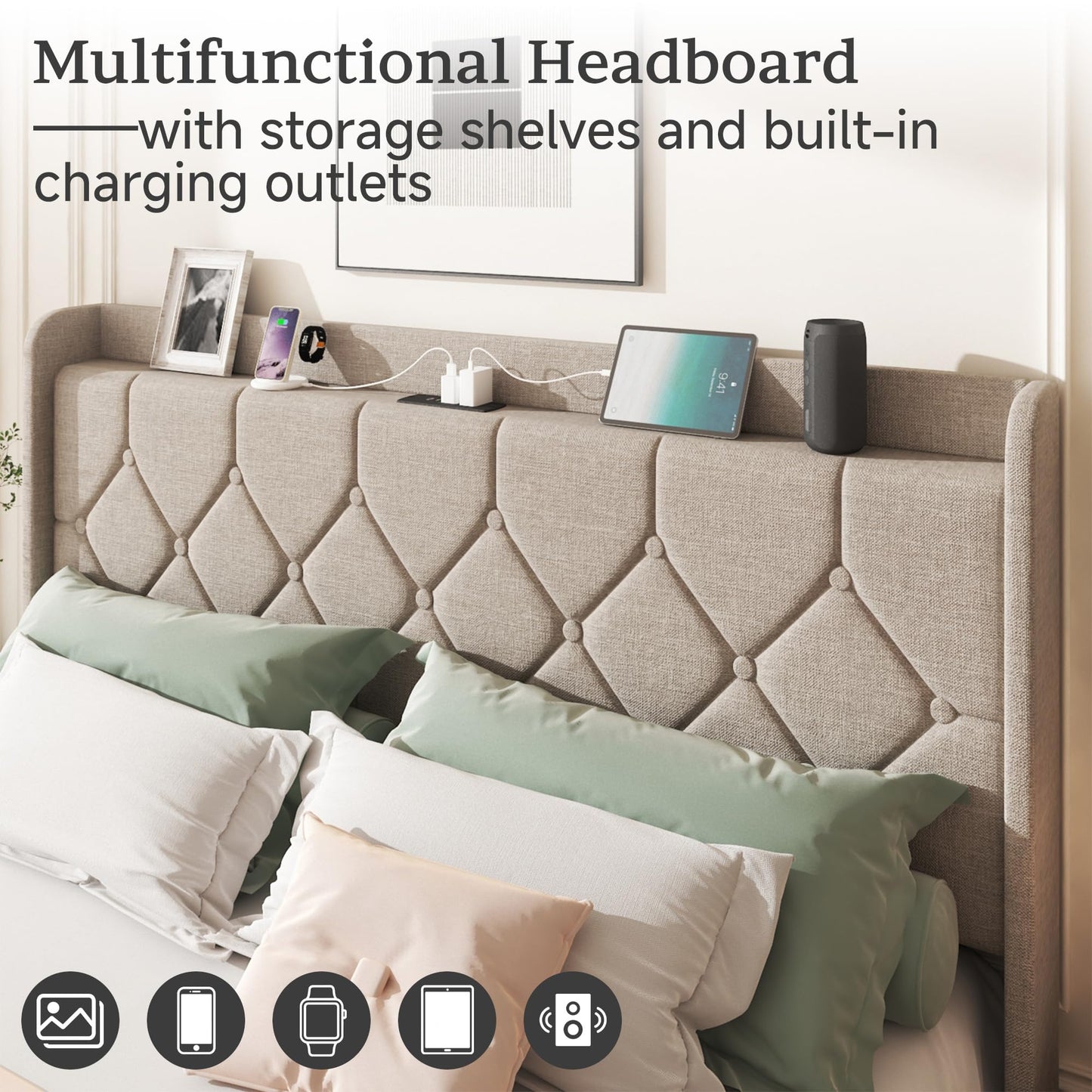 Queen Size Bed Frame with Diamond Tufted Linen Headboard & Storage Charging Port, Upholstered Platform Bed with Wood Slats & Sturdy Metal Frames, Noise-Free, No Box Spring Needed, Easy Assembly, Beige