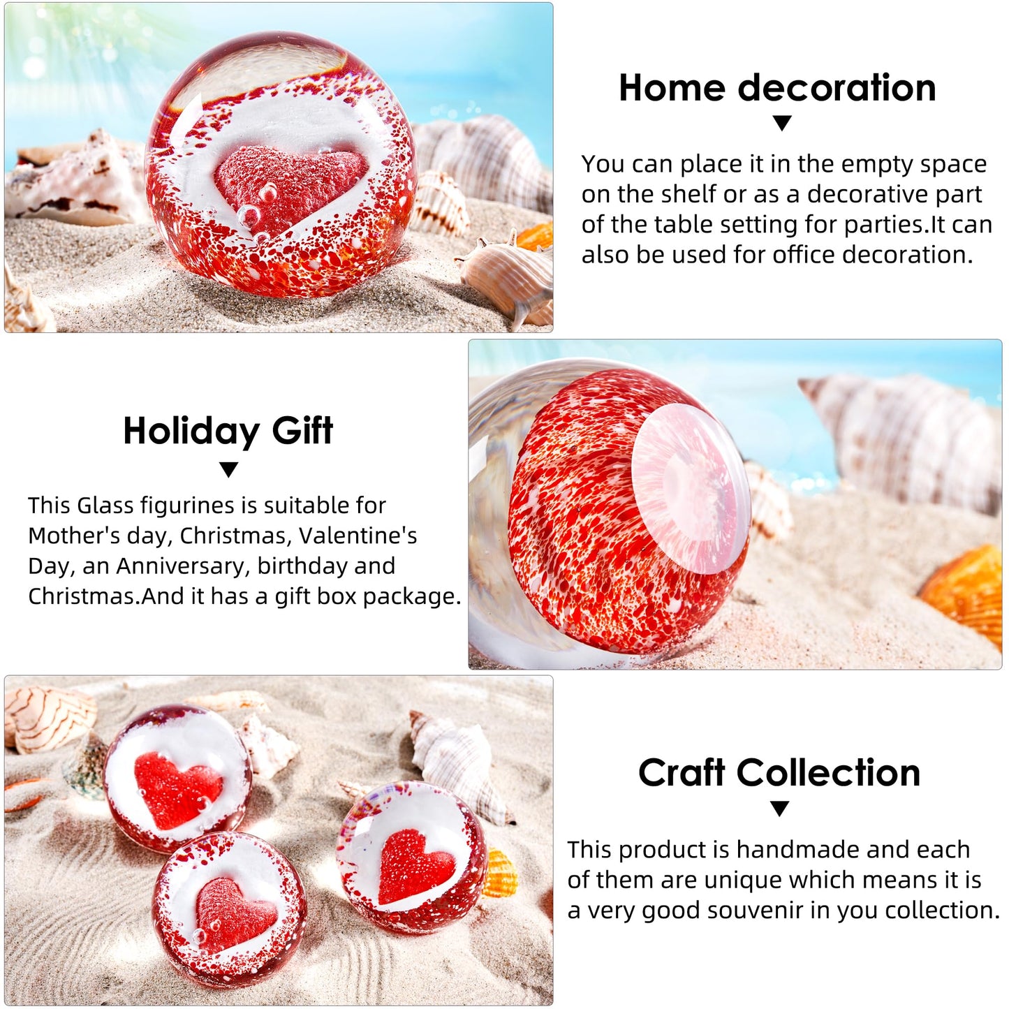 Hand Blown Glass Red Heart Paperweight ball for Birthday Gift,Home Decor Collectible,Office Decor Lovers.