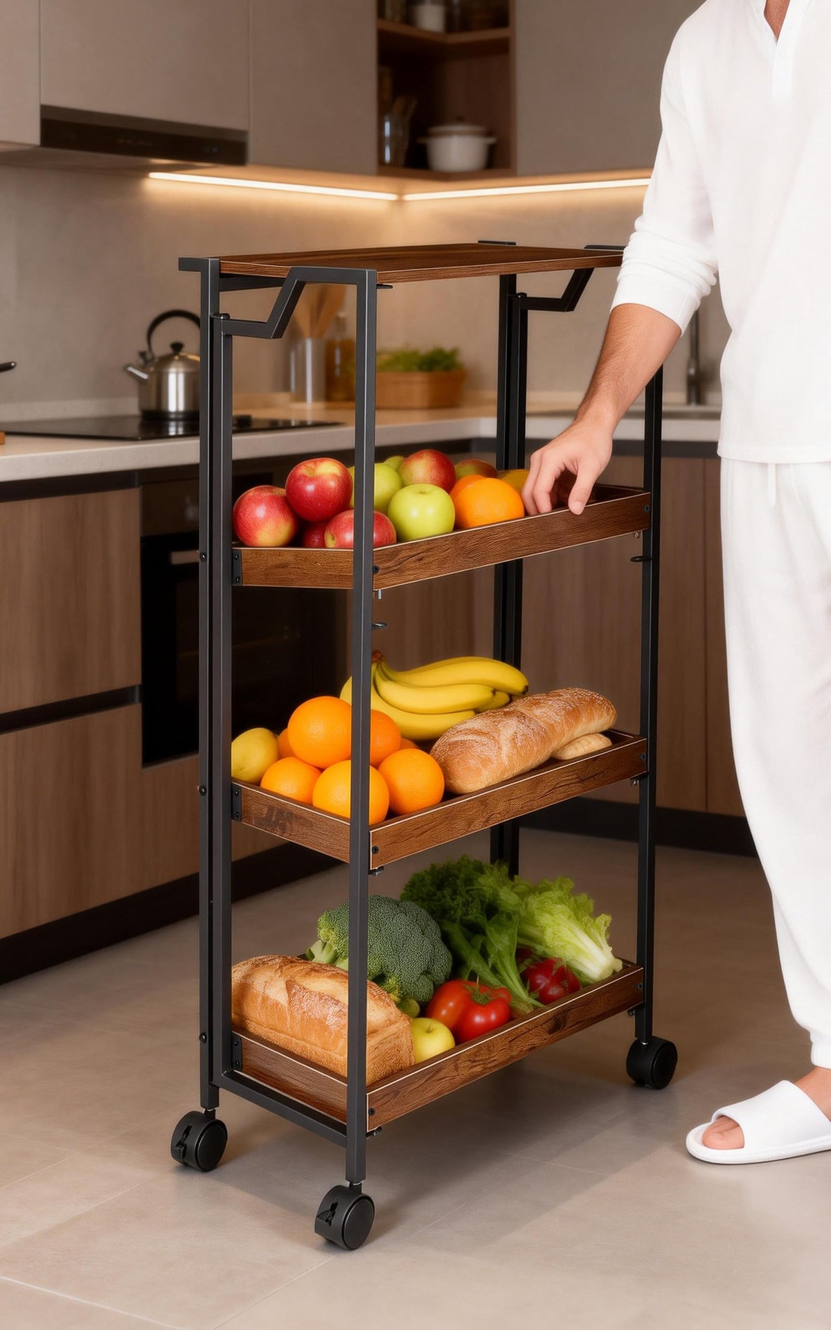 PeakPursuit Large 4-Tier Collapsible Wooden Storage Shelf – Heavy Duty 100 lbs Capacity, Locking Wheels – Space-Saving Organizer for Kitchen, Garage, Workshop, Home – No Assembly Required