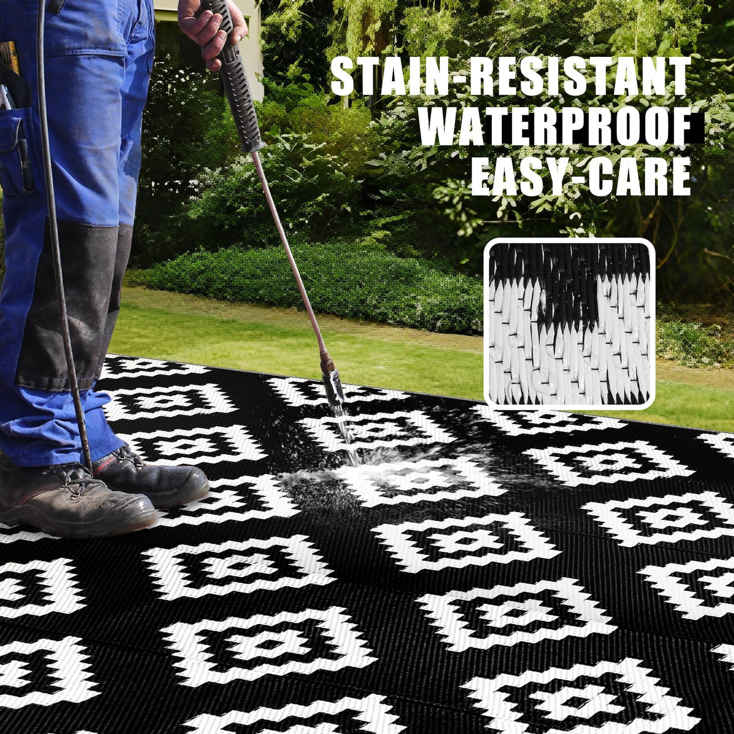 Homcomodar Outdoor Rug for Patio Waterproof 270x365cm Reversible Garden Rugs UV Resistant Camping Mat Plastic Straw Rug Outside Patio Rug for Yard Beach Picnic Deck(Black)