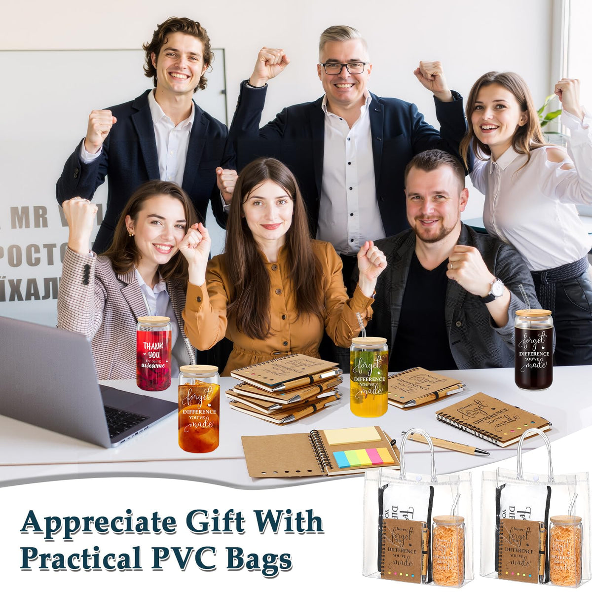 Yeyeplum 60 Pcs Employee Appreciation Gifts Bulk Inspirational Glass Cup Makeup Bag Bamboo Pen Motivational Notebook and Bag for Volunteer Lab Week Teachers Nurses Office Staff (Never Forget)