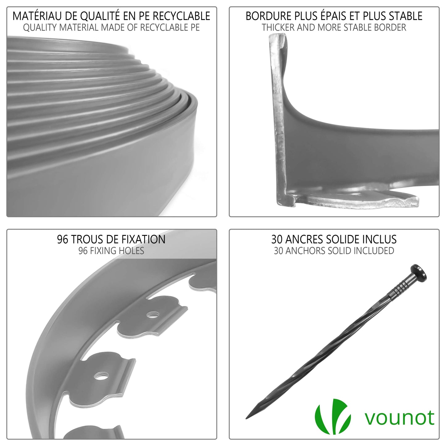 VOUNOT 10m Flexible Lawn Edging, Plastic Garden Edging Border with 30 Strong Securing Pegs, Height 5cm, Grey