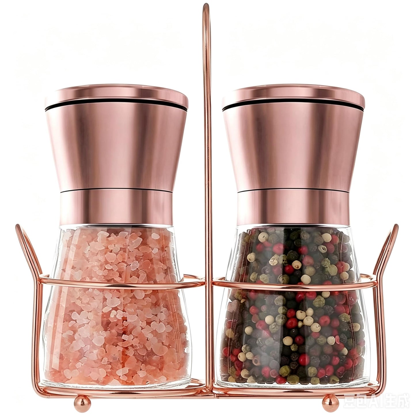 bonris Copper Stainless Steel Salt and Pepper Grinder Set Manual Himalayan Pink Salt Mill|Salt and Pepper Shakers with Adjustable Coarseness and Clear Glass Body (Pack of 2) (SHORT)