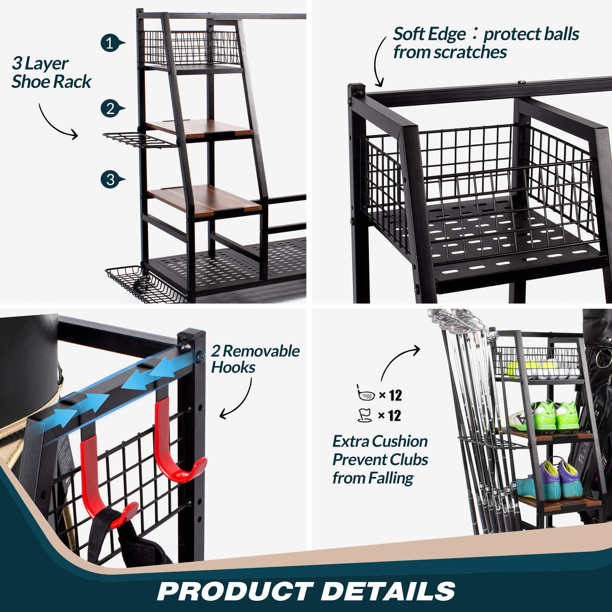 Sttoraboks 2 Golf Bags Storage Garage Organizer, Golf Bag Rack Fits 2 Golf Bags and Golf Equipment Accessories, Golf Club Storage Stand with Wooden Shelf and Lockable Wheels for Garage Indoor Basement