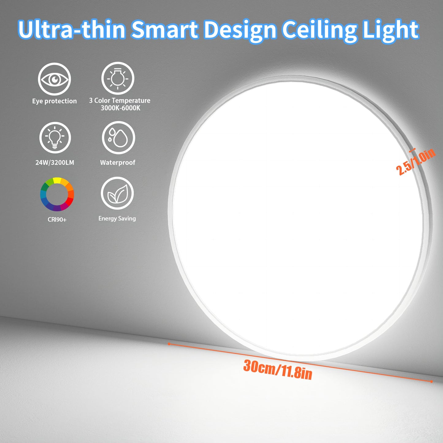 Yexati 30CM Bathroom Light 24W 3200LM 6000K/4000K/3000K IP54 Waterproof Ultra Thin Bathroom Lights Ceiling, Round Flush Ceiling Light for Kitchen Bedroom Toilet Porch Hallway Living Room Office