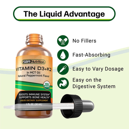 MAX Absorption Vitamin D3 + K2 (MK-7) Liquid Drops with MCT Oil, Peppermint Flavor, Helps Support Strong Bones and Healthy Heart (D3+K2) (D3+K2)