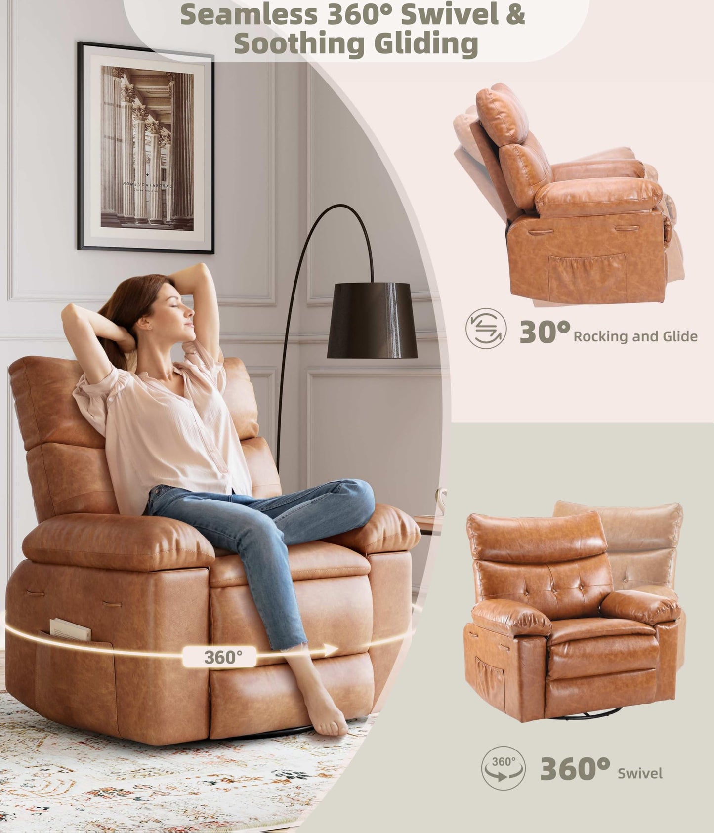 Garvee Oversized Swivel Rocker Recliner Chair - Heat and Massage, Leather Manual Recliner for Adults, Lazy Chair with Comfort Arms and Back Single Sofa for Living Room