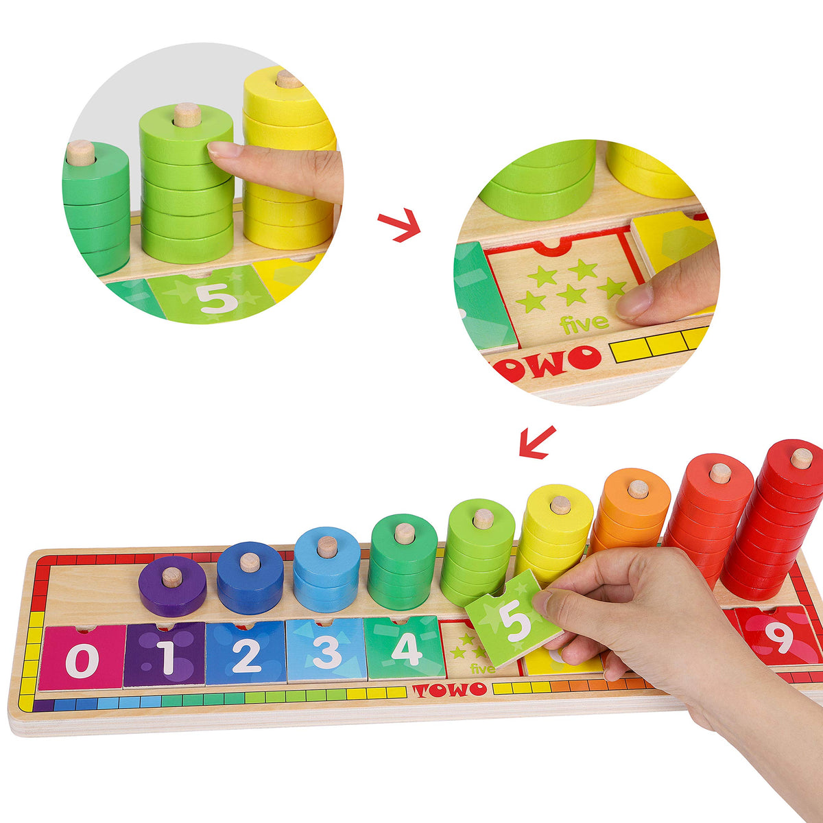 TOWO Wooden Stacking Rings and Counting Games with 45 Rings Number Blocks- Counting Ring Stacker-Wooden Sorting Counting Toy for 3 Years Old Kids Maths Learning Montessori Materials