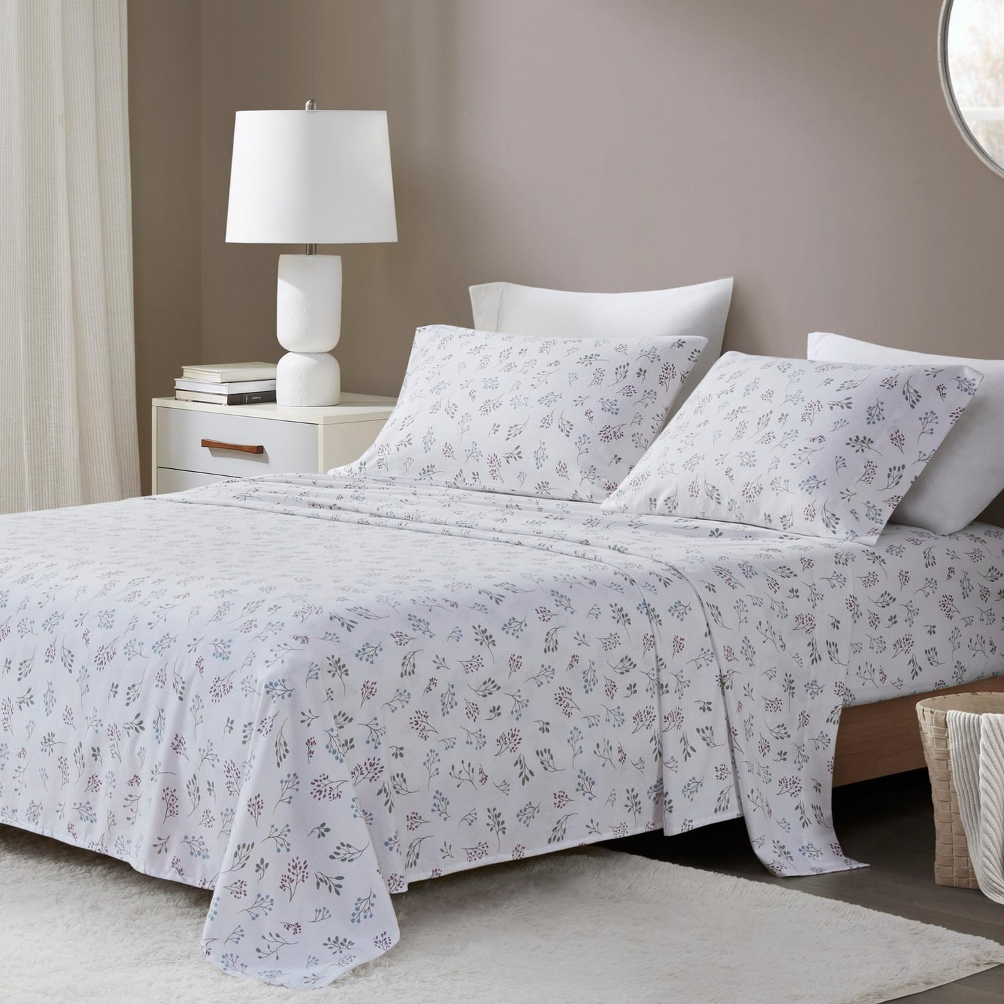 Beautyrest Cotton Sheet Set Cozy Print 100% Cotton Flannel Sheets Warm & Fuzzy Bedding Set, Oversized Sheets, Deep Pocket Fits Up to 16" Mattress Cozy Full Bed Sheets Full Tossed Botanical 4 Piece