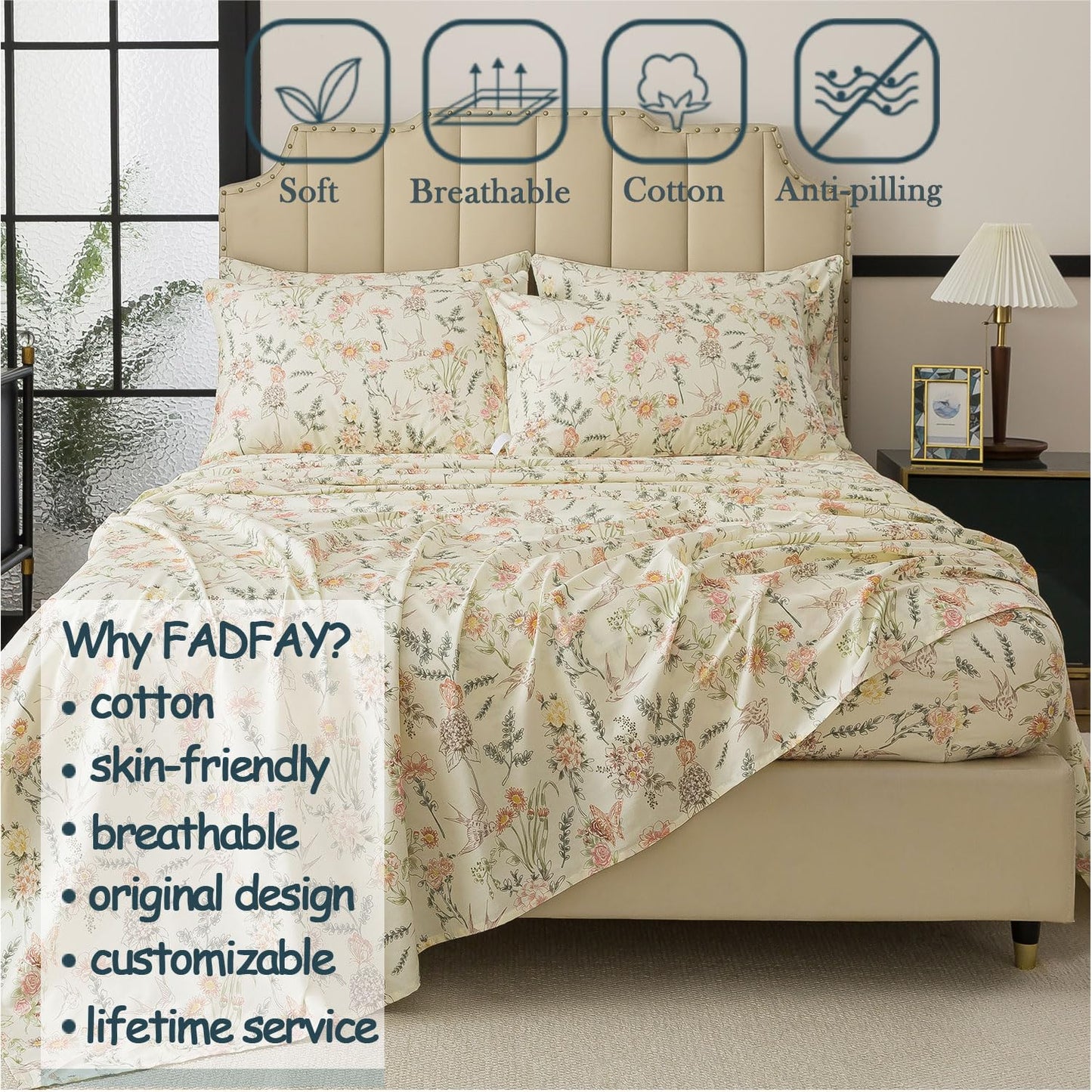 FADFAY Queen Size Sheets Set – 4 Pieces 100% Cotton Deep Pocket Fitted Sheet, Crisp, Breathable & Soft, Country Style Floral & Butterfly Pattern for All Seasons